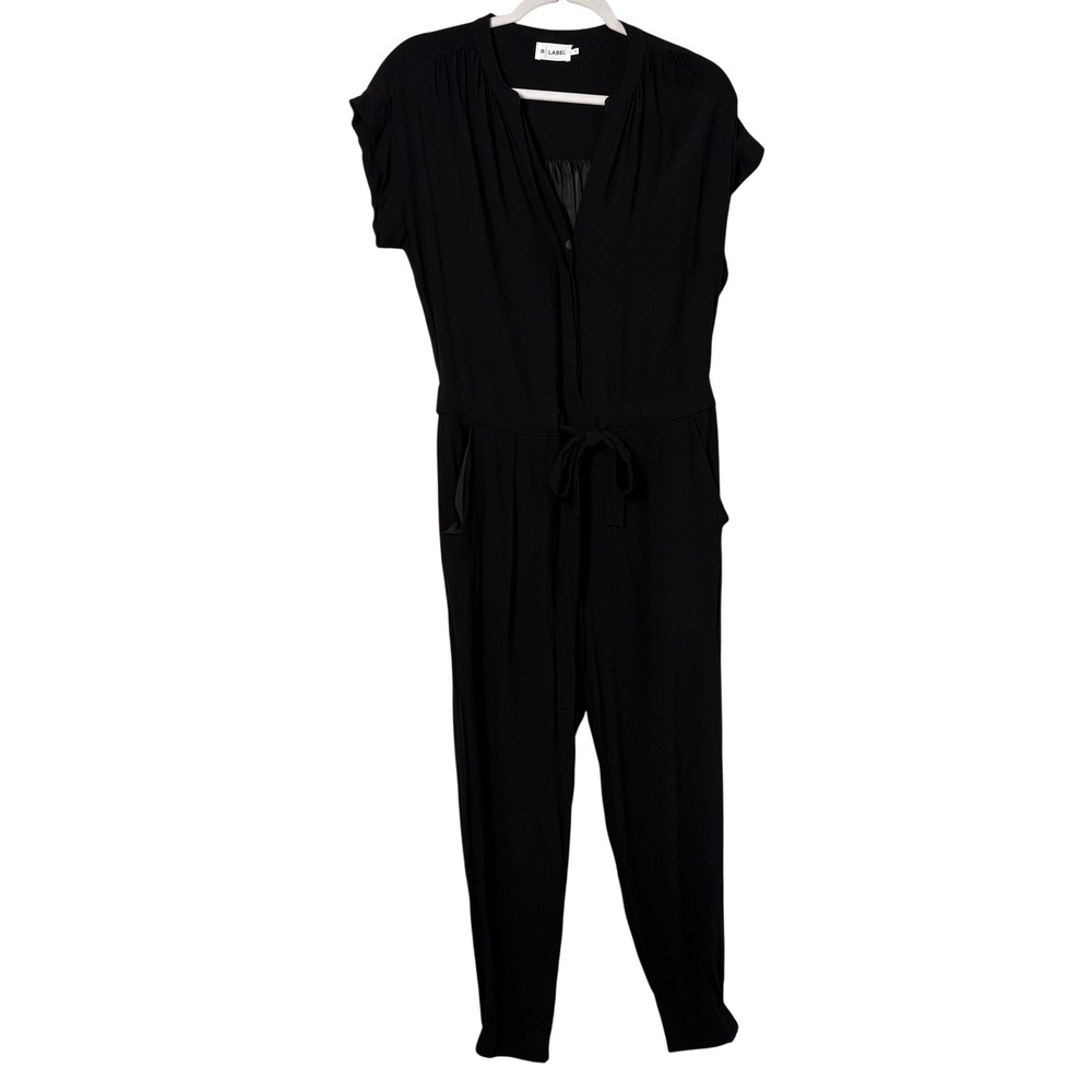 R Label The Reset Jumpsuit Women M Black Short Sleeve Tie Waist Rayon Viscose